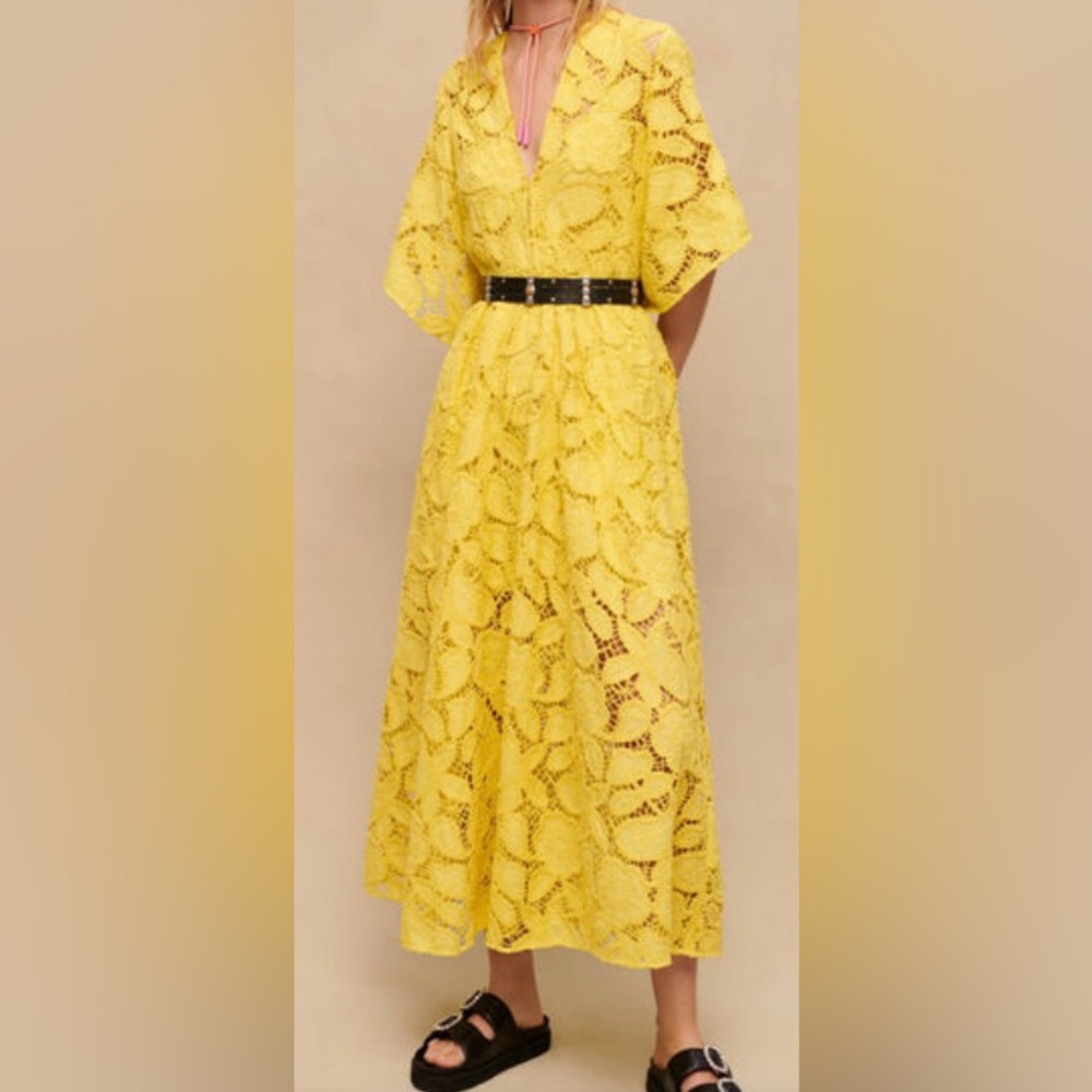 Maje Yellow Lace Midi Dress